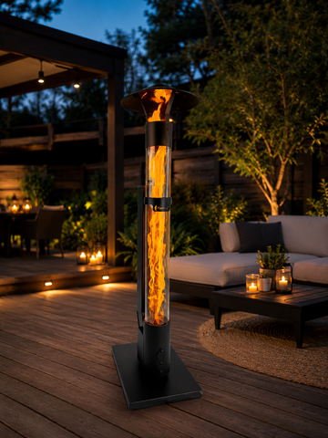 Petit poêle à granulés extérieur Flamesa Avara dans un jardin moderne