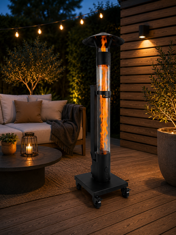 Petit poêle à pellets Flamesa pour extérieur sur terrasse moderne