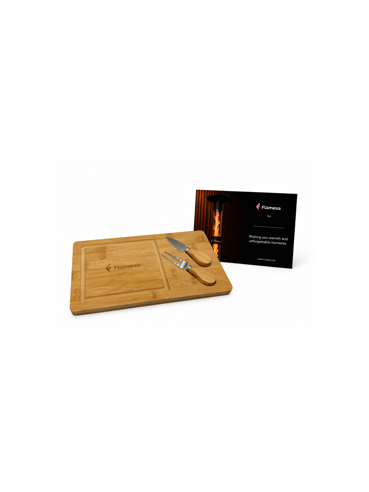 Coffret cadeau Flamesa avec planche à fromage et message personnalisé Flamesa.fr